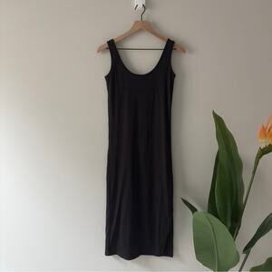 Poshdivah Black Sleeveless Midi Dress Slit Side Minimalist Basic Bodycon Solid M